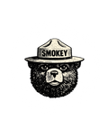 Black and white illustration of Smokey the Bear wearing a hat with 'Smokey' text on a white background