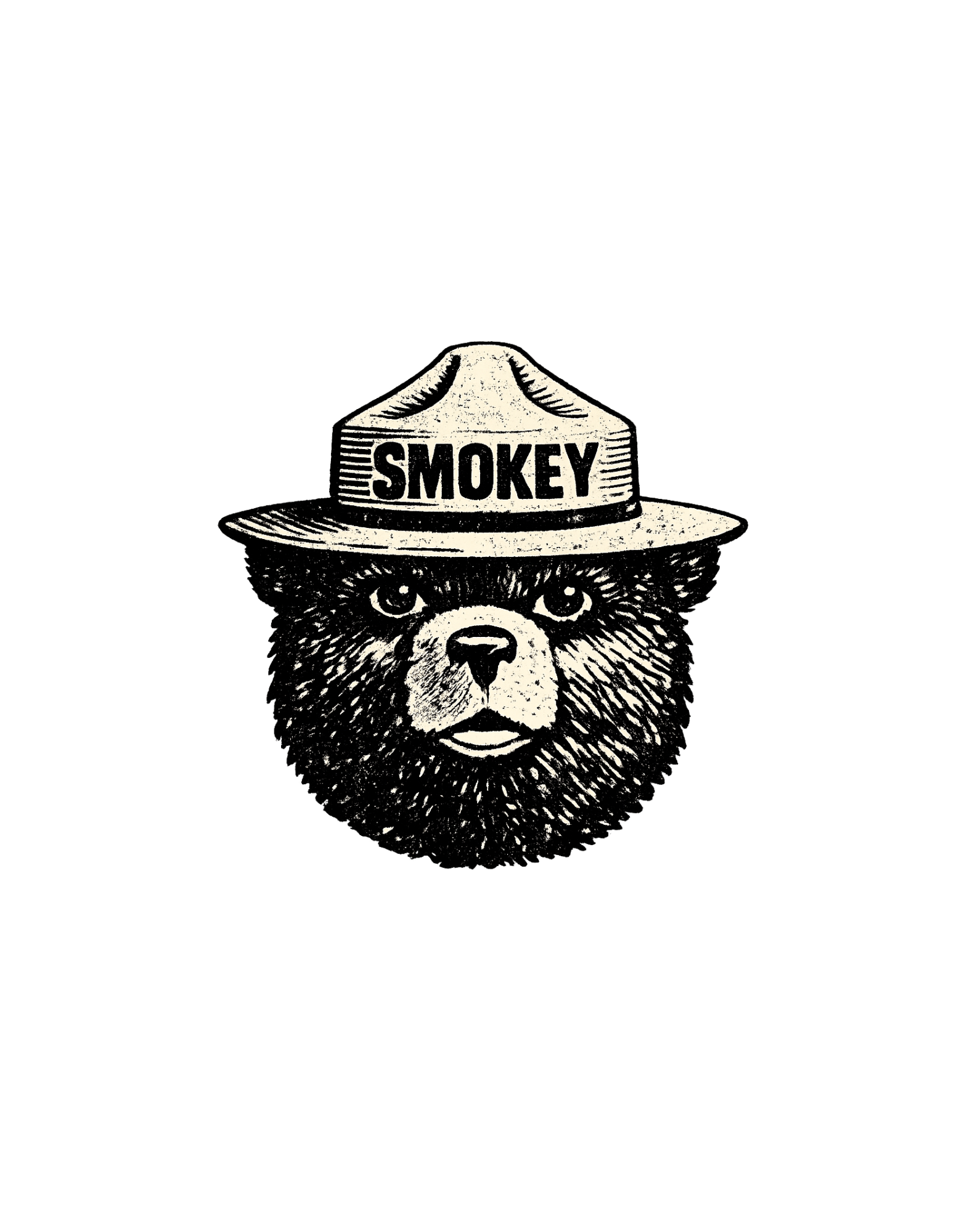 Black and white illustration of Smokey the Bear wearing a hat with 'Smokey' text on a white background