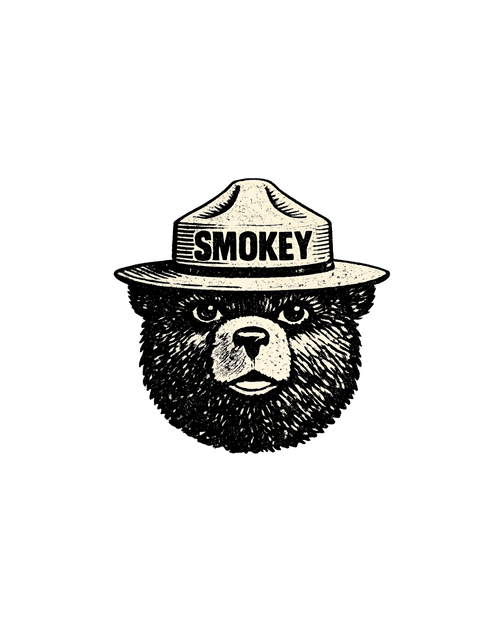 Black and white illustration of Smokey the Bear wearing a hat with 'Smokey' text on a white background